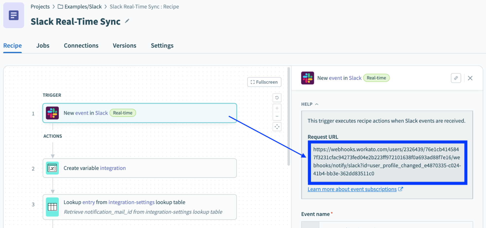 Revealing the request URL in the first item of the recipe