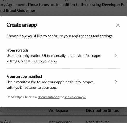 Creating a new app in Slack