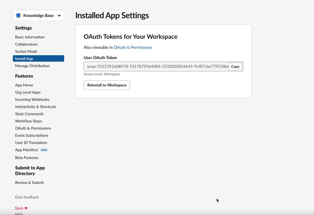 Reinstalling the app to the workspace in Slack