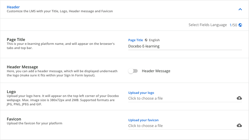 Header section in Configure Branding and Look