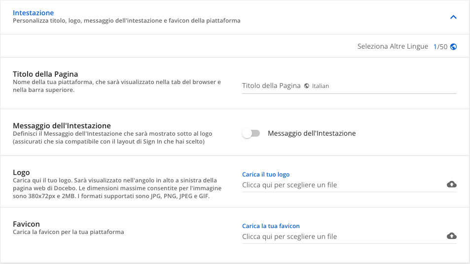 La sezione Intestazione nel menu Configurazione aspetto e branding.