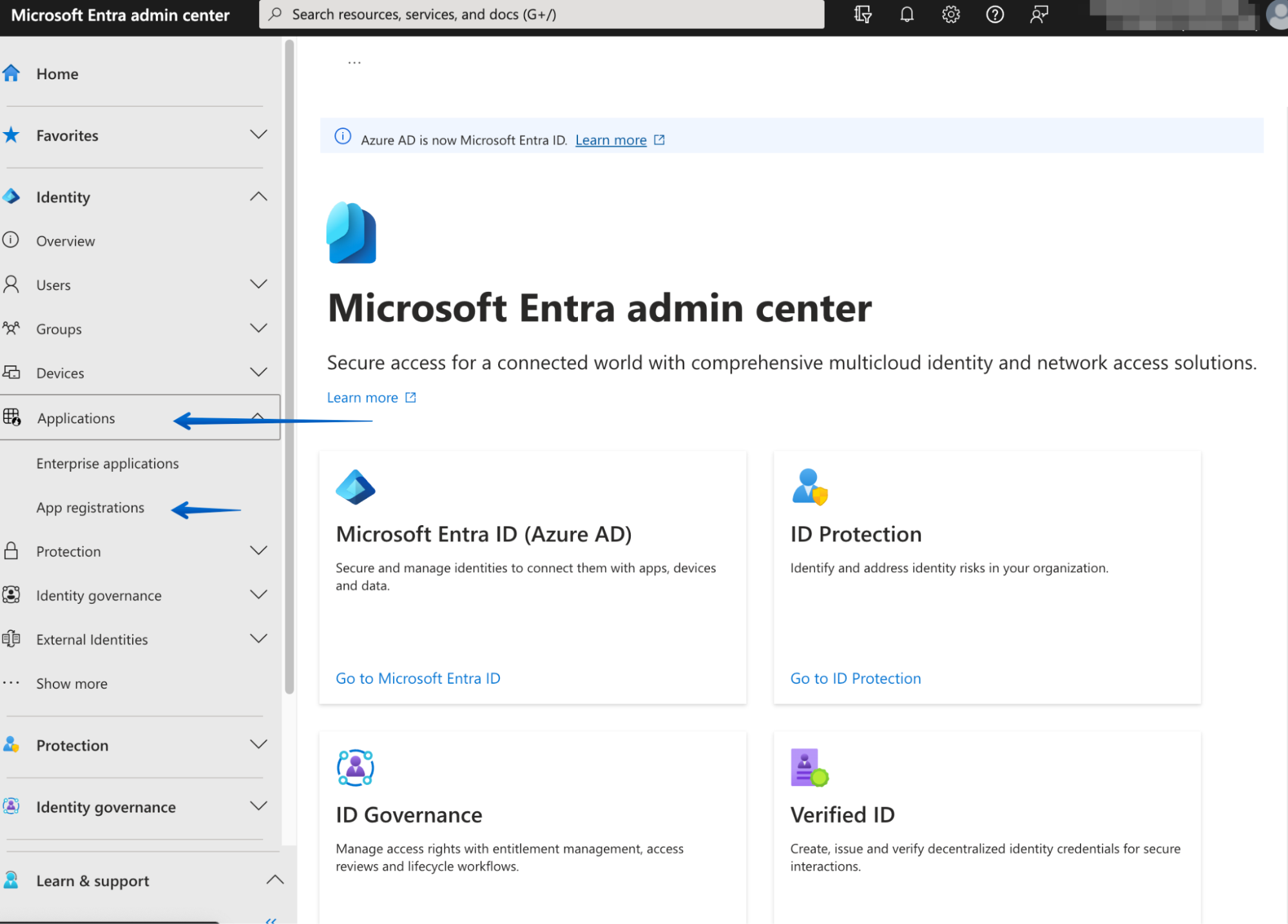 Selecting App Registrations in Microsoft Entra admin center