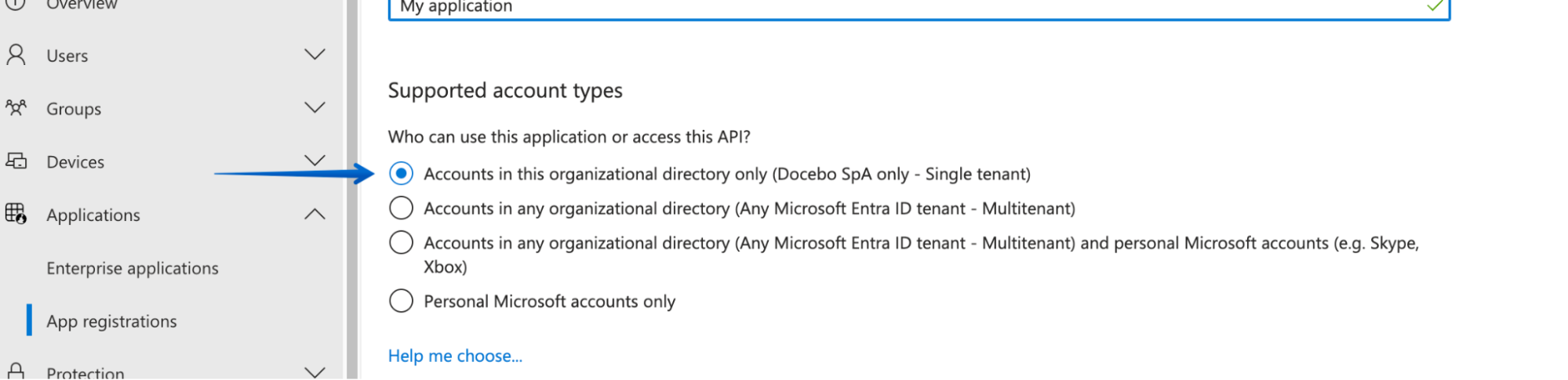 Selecting Accounts in this organizational directory only for the Supported accounts types in Microsoft Teams