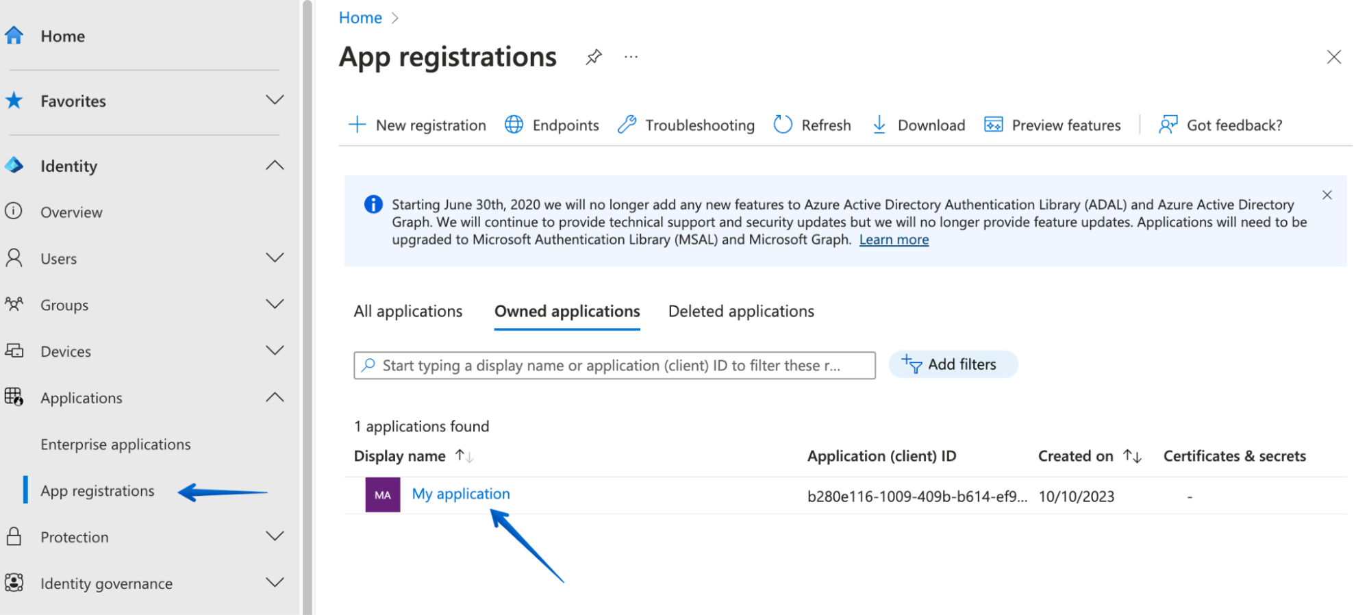 Selecting App registrations and pressing the name of the newly created app