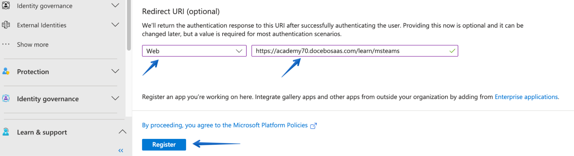 Selecting Web for the platform selection menu and pasting the URI from the Docebo Learn platform