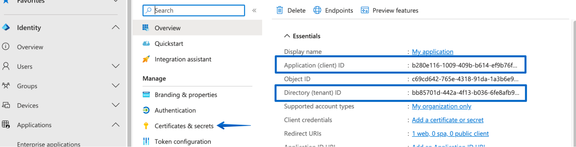 Pressing Certificates & secrets in the manage menu