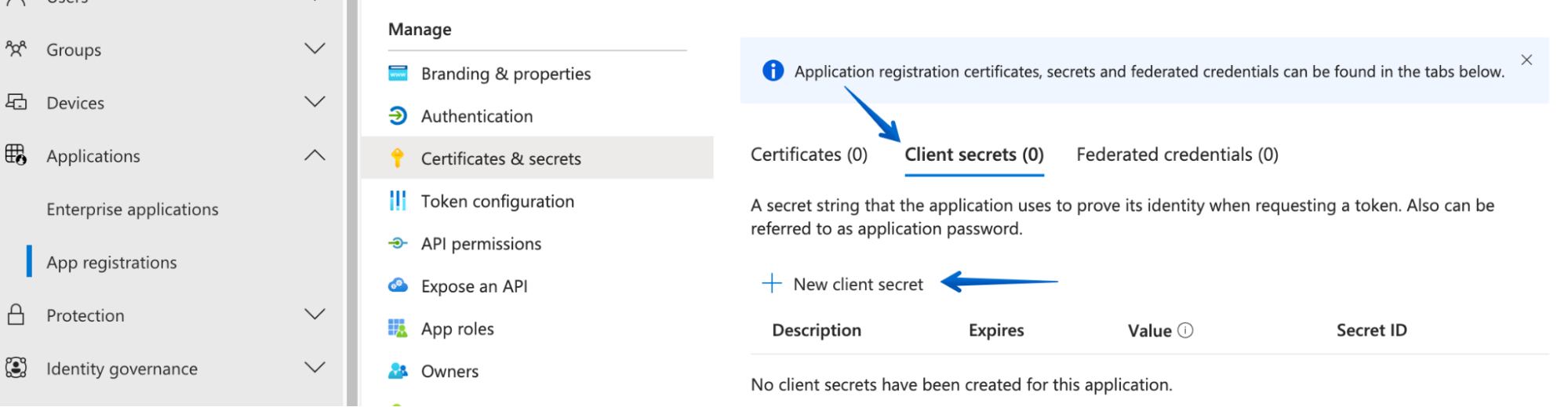 Selecting the Client secrets tab