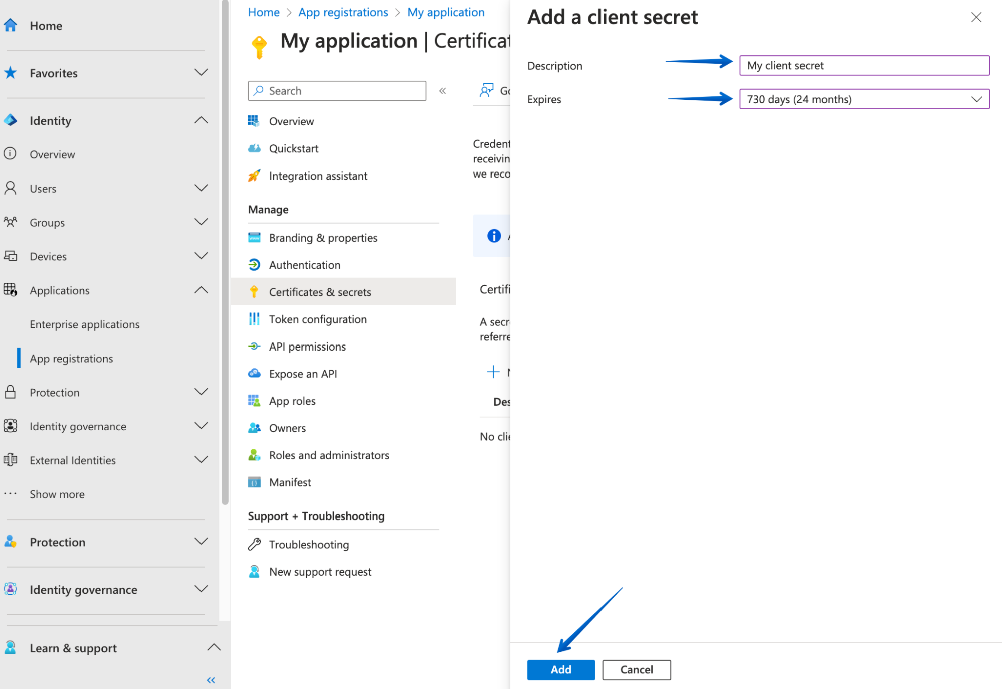 Setting a description and expiration date or duration of the client secret