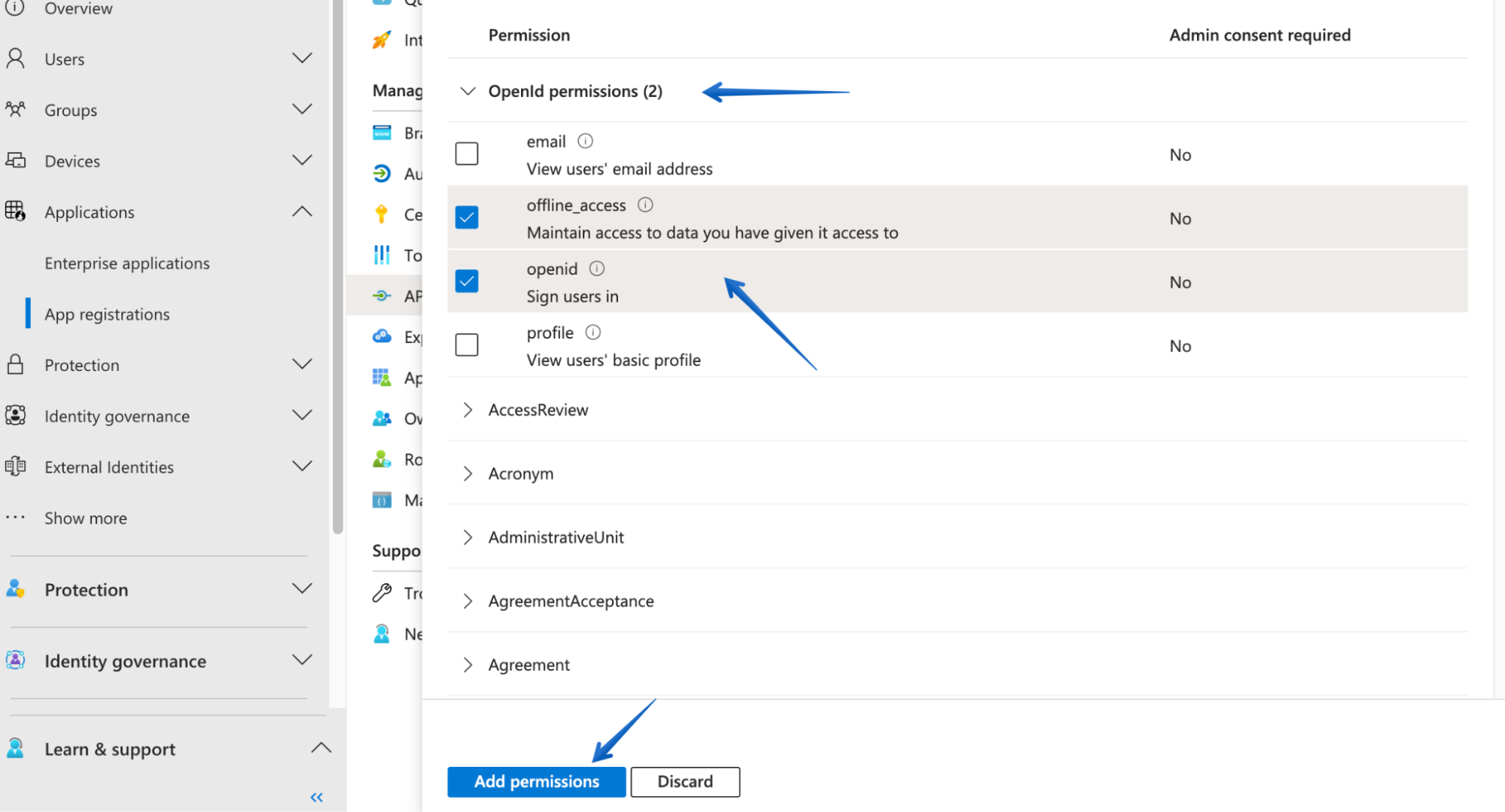 Pressing Add permissions to complete the configuration