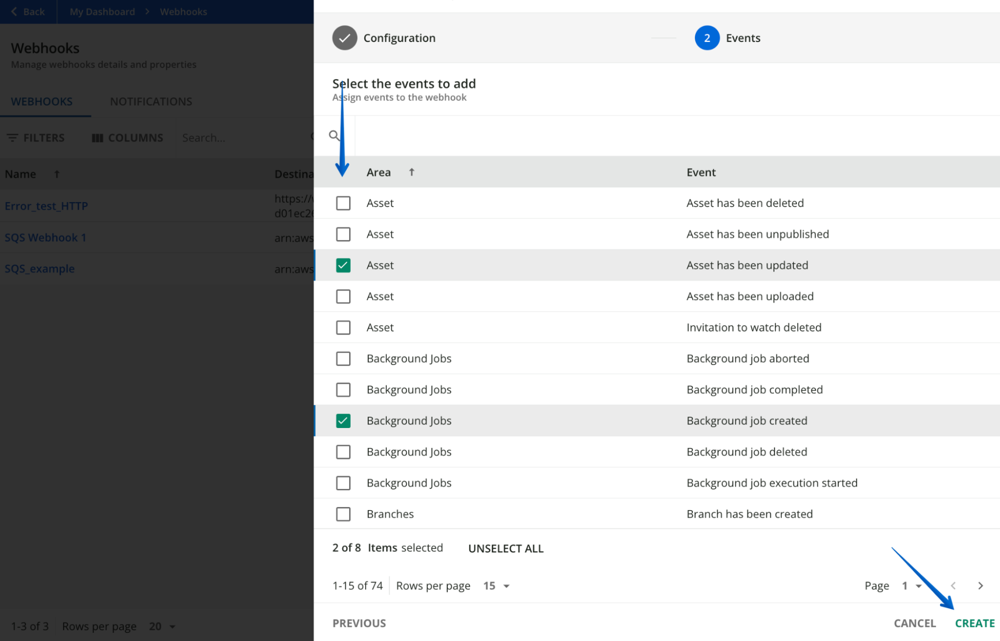 Selecting up to 8 events to include and pressing Create