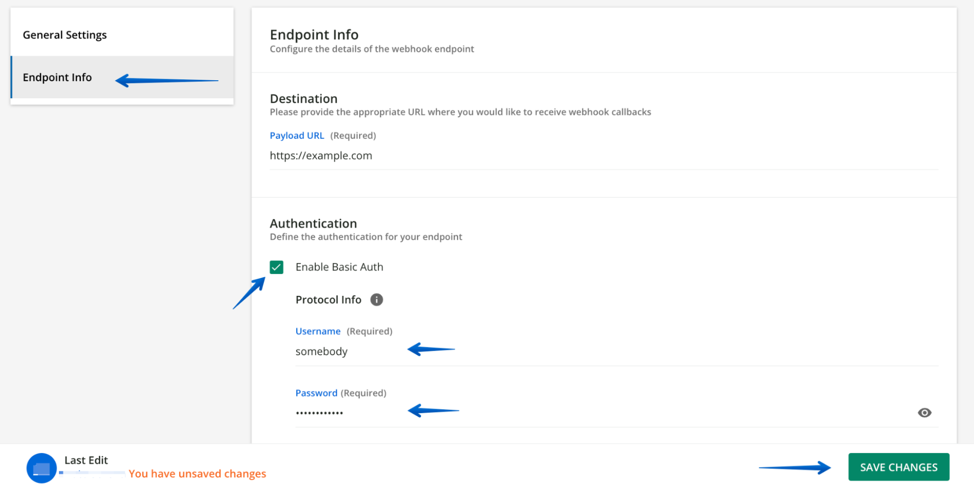 Enabling Basic Authentication in the Endpoint Info tab