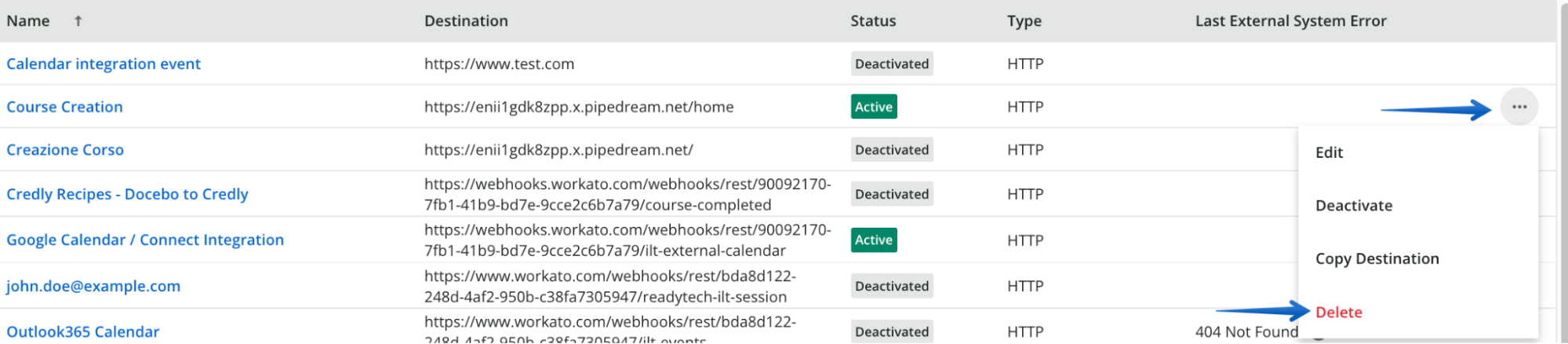 Deleting the webhook by pressing the ellipsis button and selecting Delete in the drop-down menu