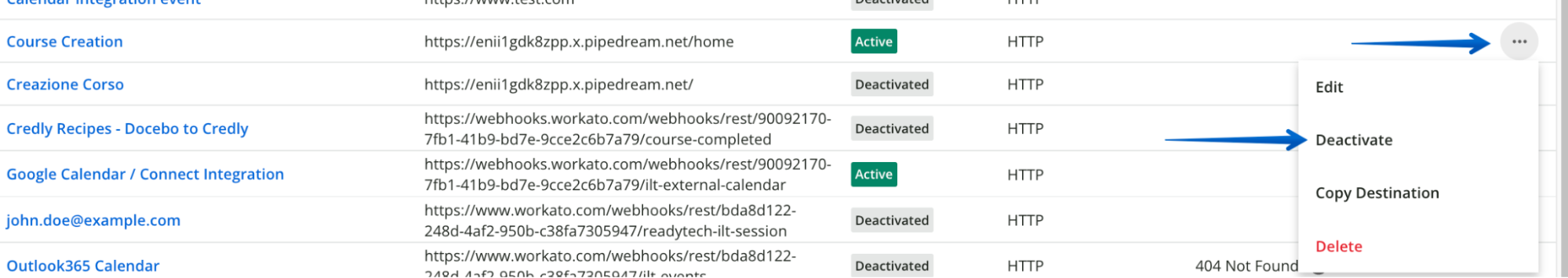 Disabling the webhook by pressing the ellipsis button and selecting Deactivate in the drop-down menu