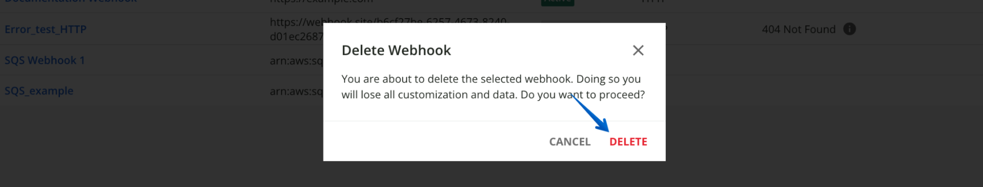 Pressing Delete in the resulting modal window to confirm the deletion
