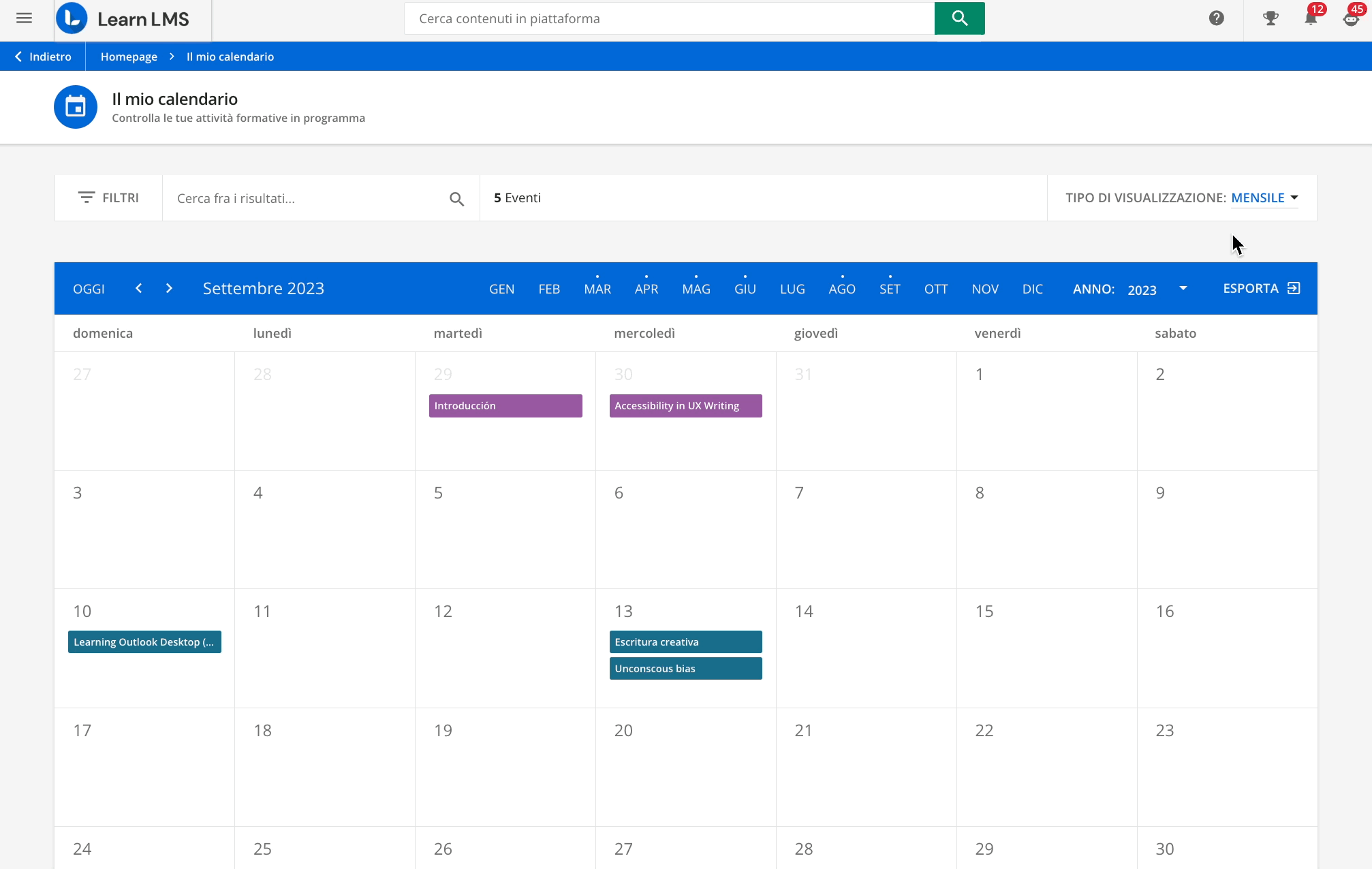 Esportare il calendario della piattaforma