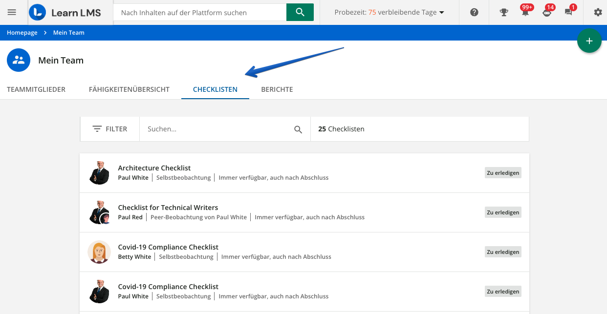 Tab Checklisten unter Mein Team