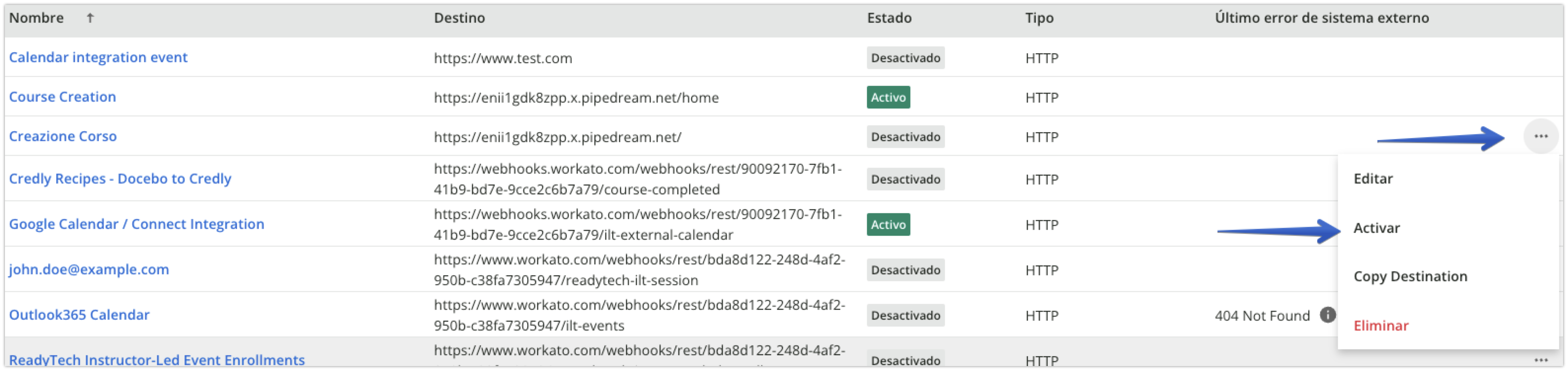 Activar un webhook configurado