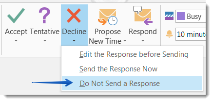 Selecting Do Not Send a Response in Outlook
