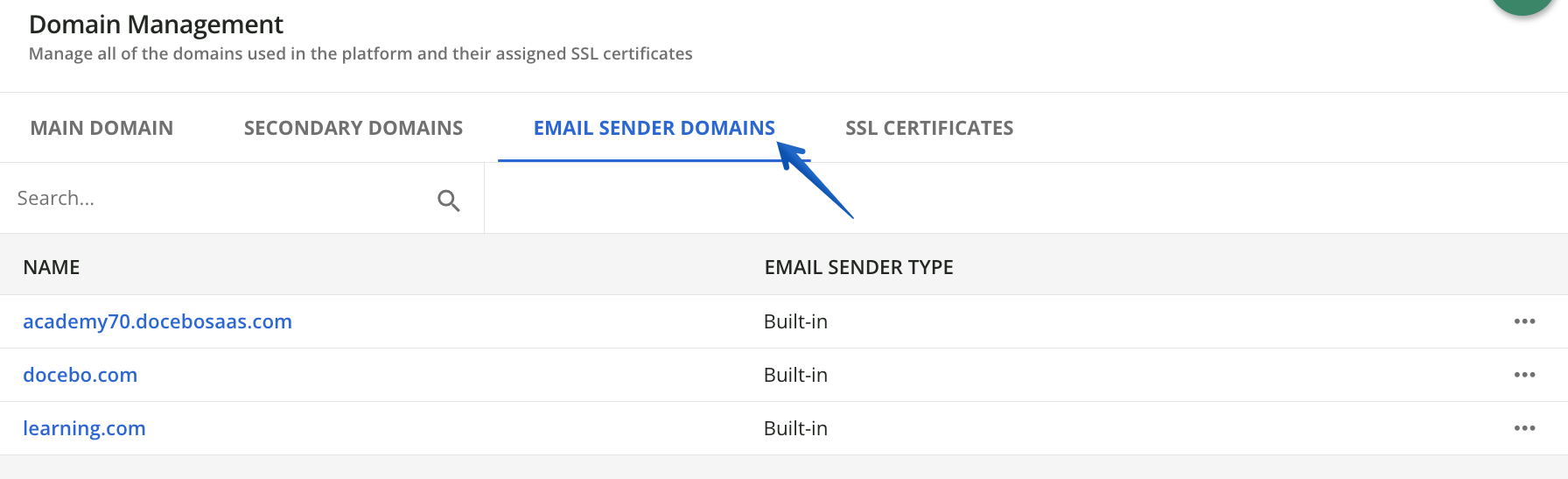 Email Sender Domains Tab