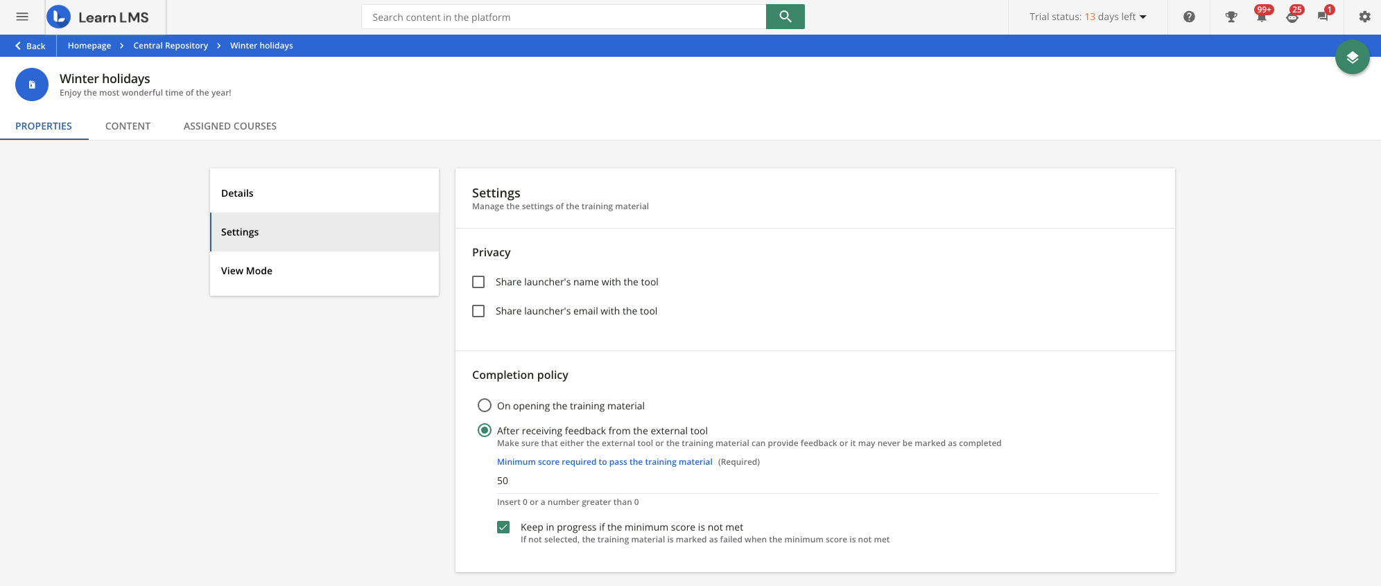 Configure the LTI properties