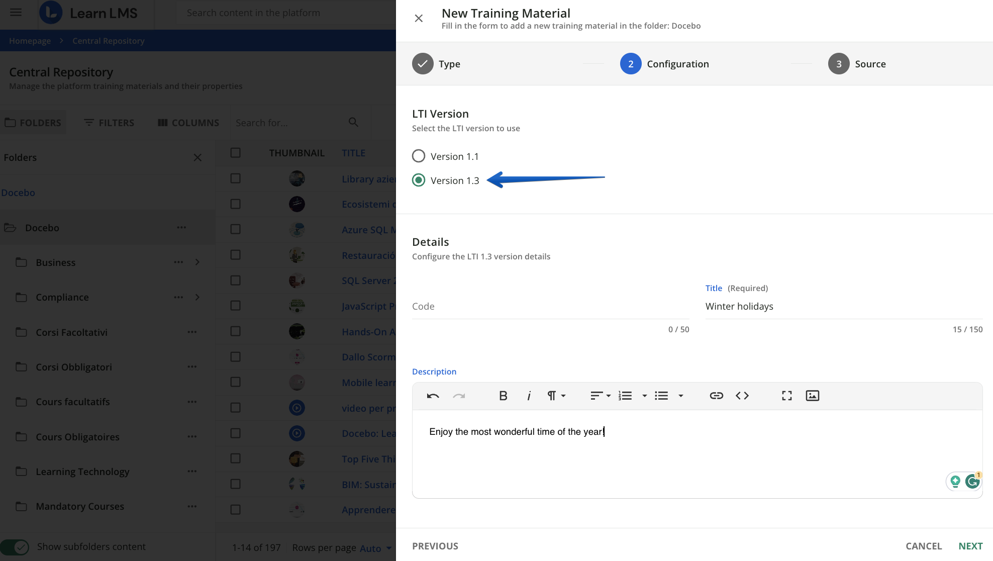 Creating LTI 1.3 content in the Central repository