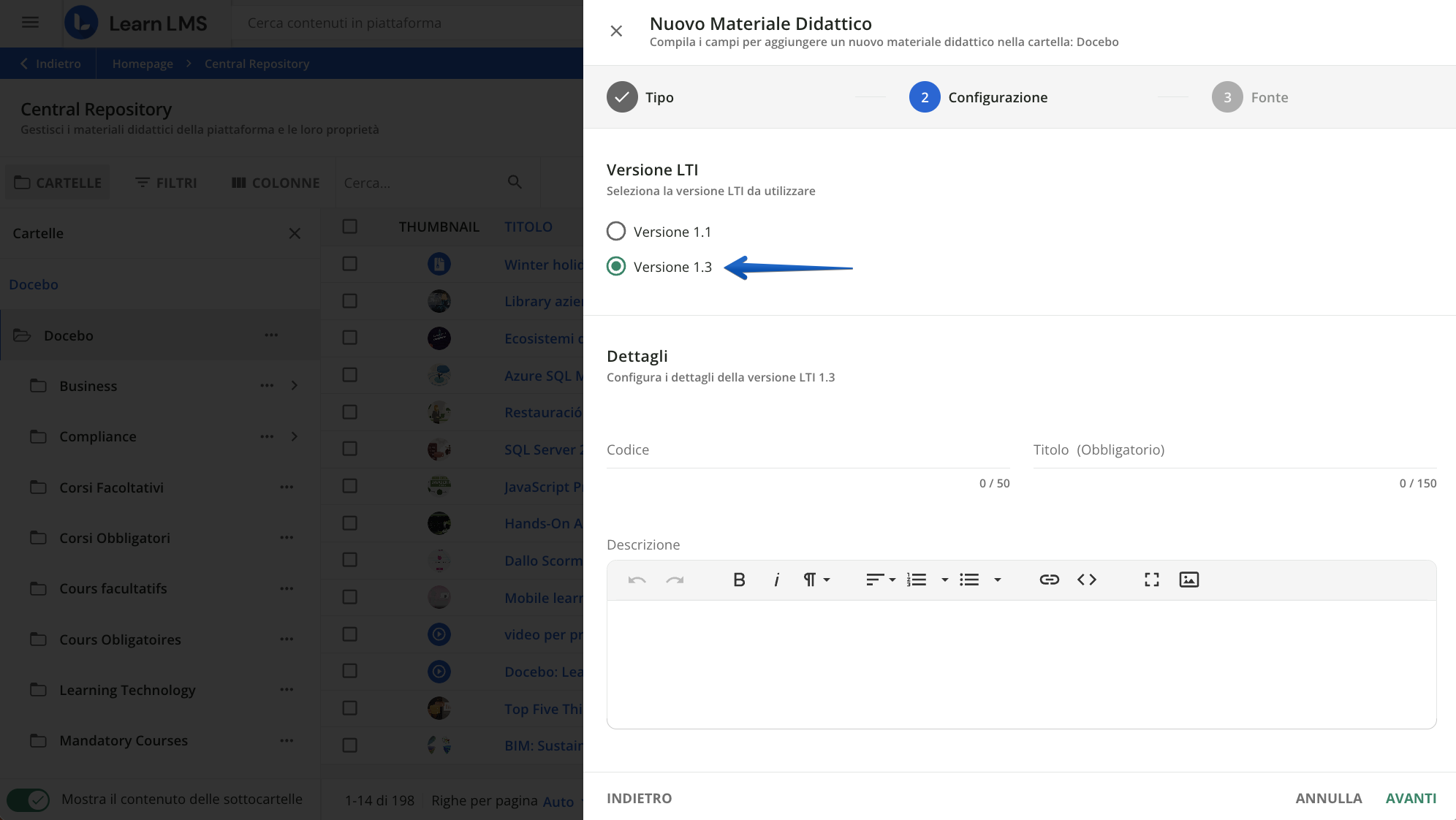 Caricare contenuti LTI 1.3 nel Central repository