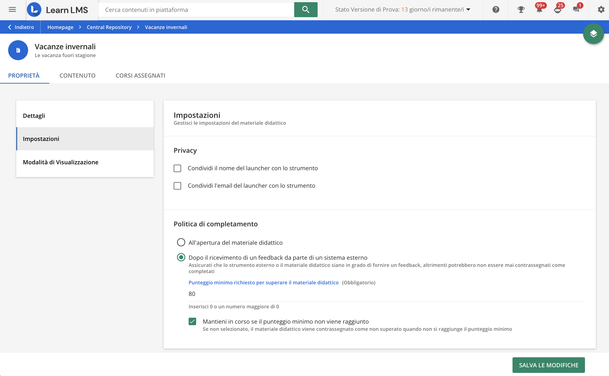 Impostazioni del contenuto LTI