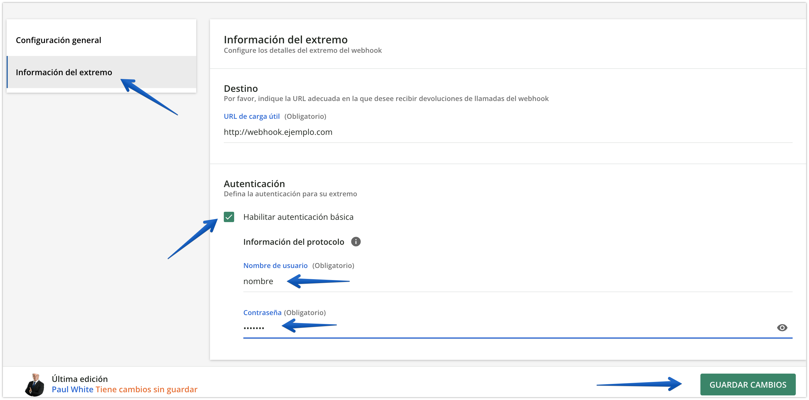 Pestaña Información del extremo