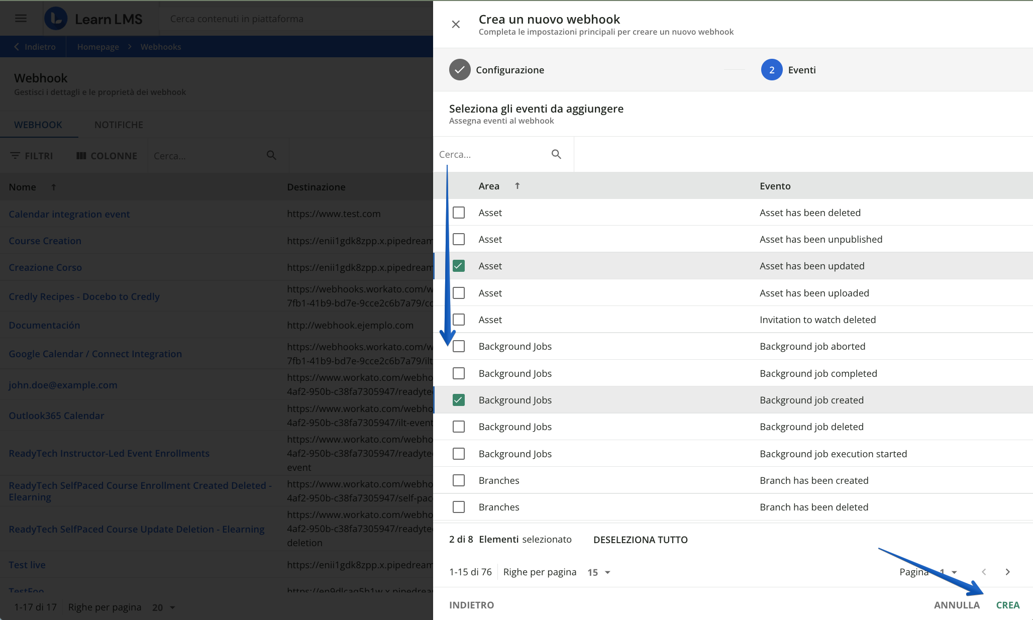 Selezione eventi webhook
