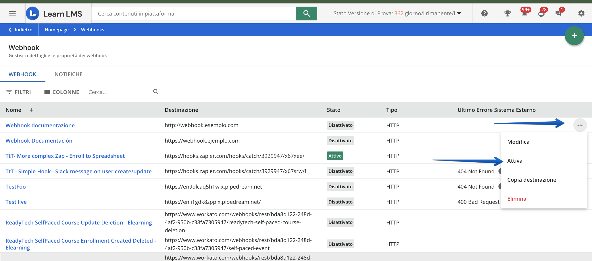 Attivare un webhook