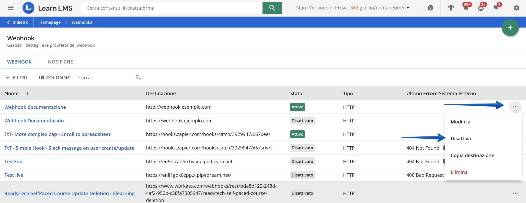 Disattivare un webhook