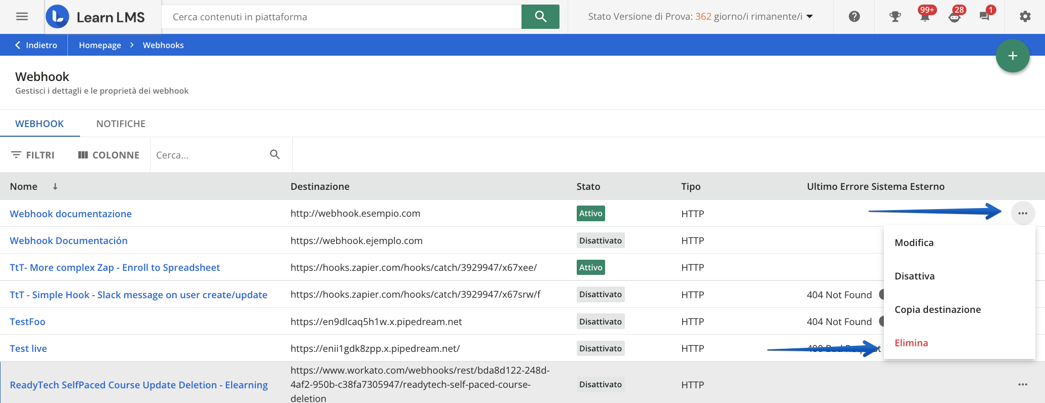 Eliminare un webhook