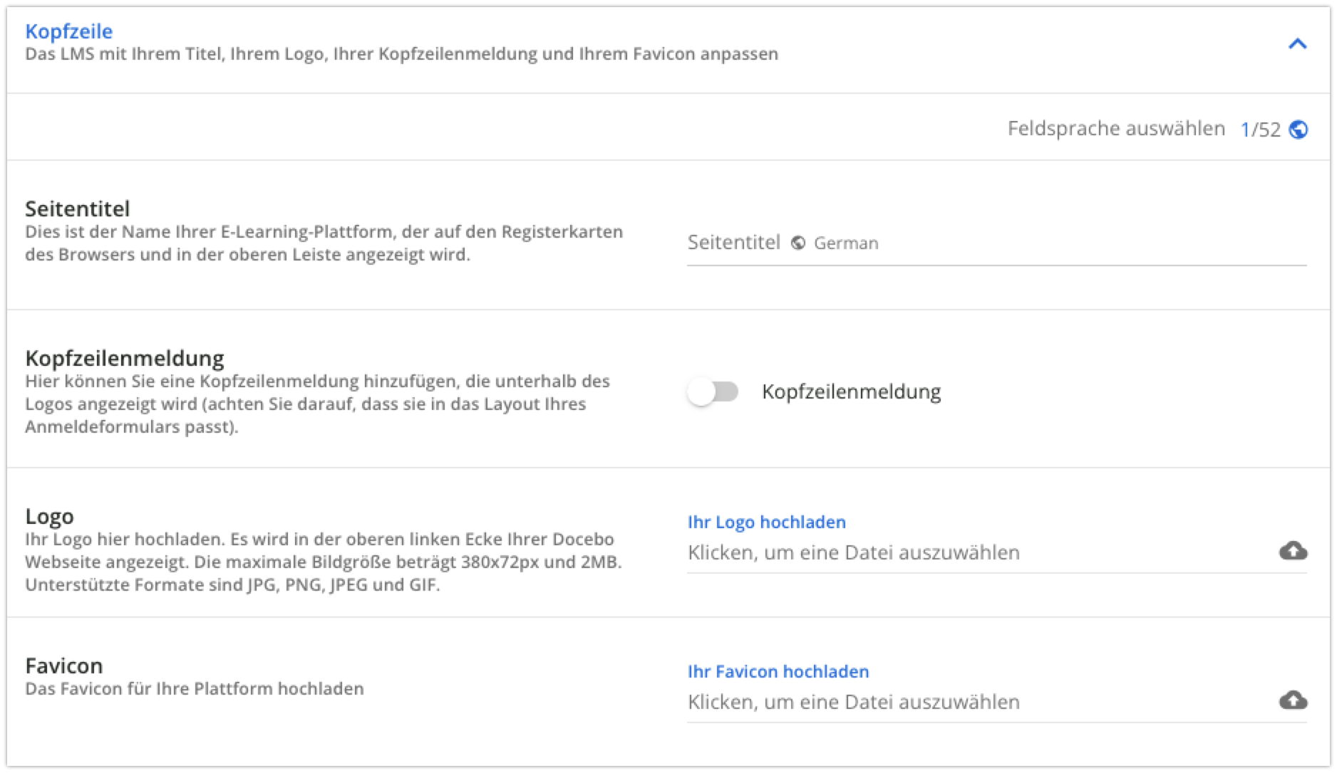 Kopfzeilenanpassungsseite