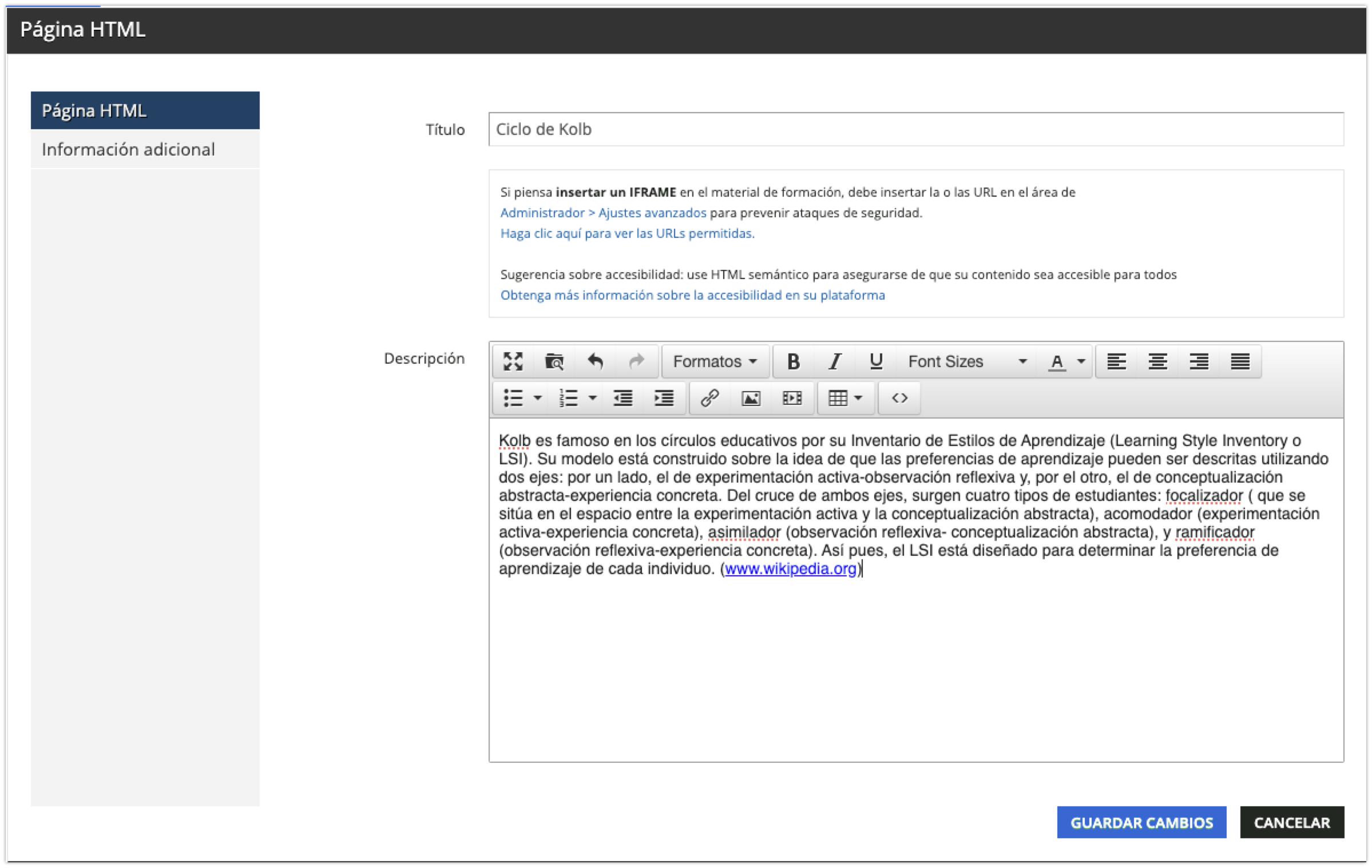 Inserción de iframes en páginas HTML como material de formación