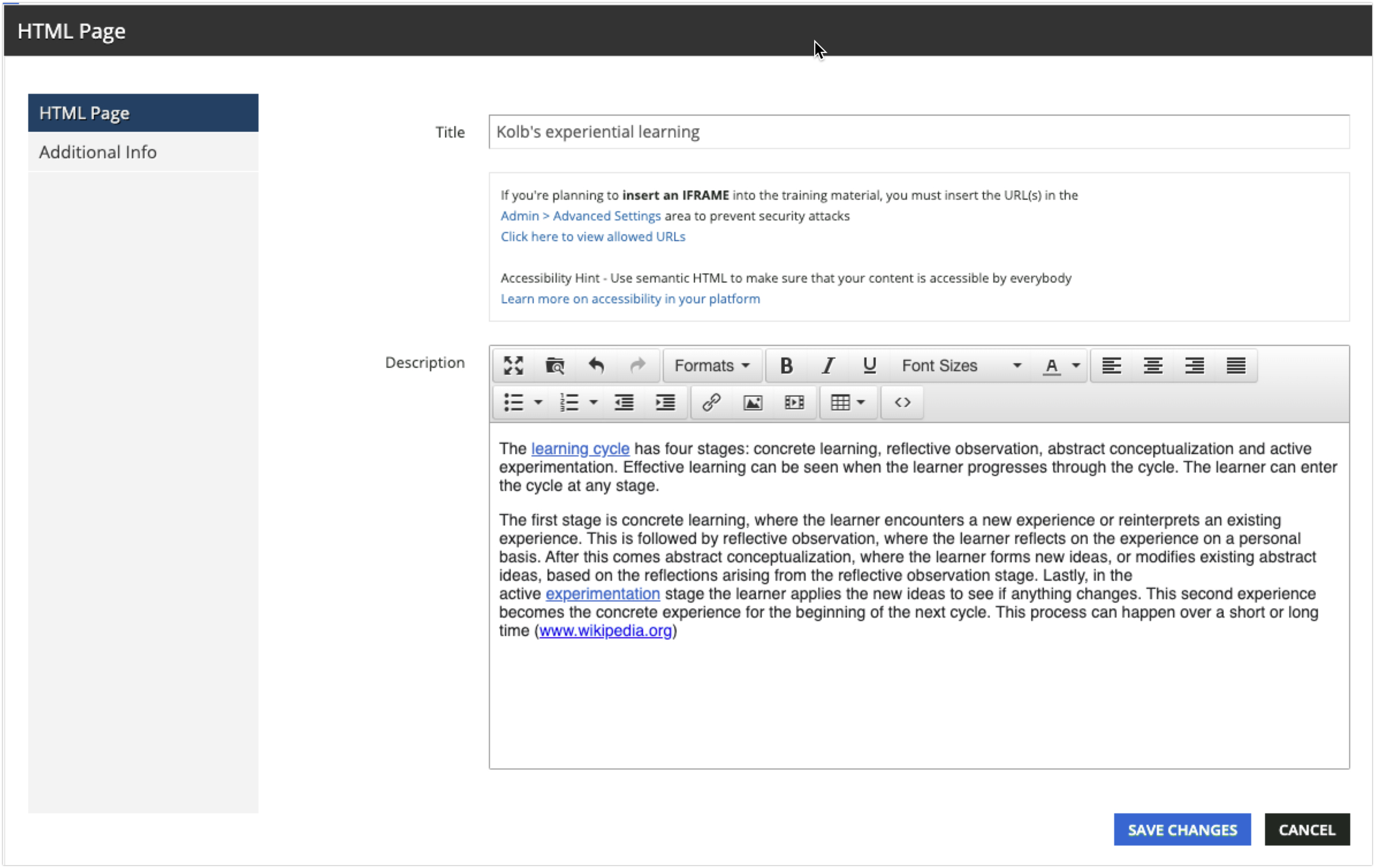 Inserting an iframe as an HTML page training material