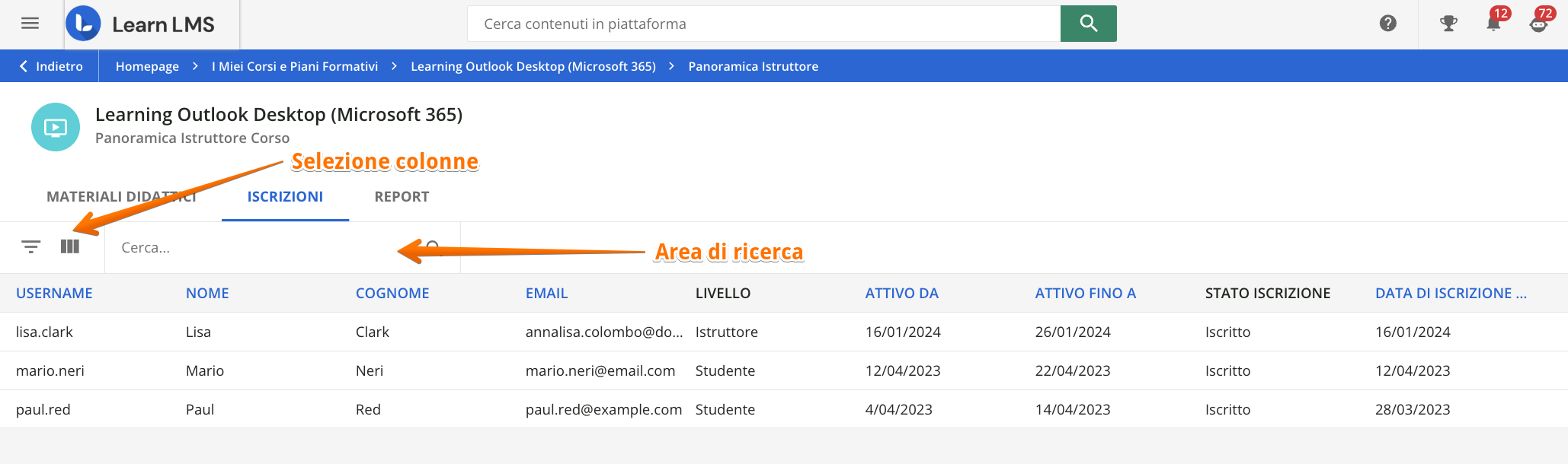 La tab Iscrizioni