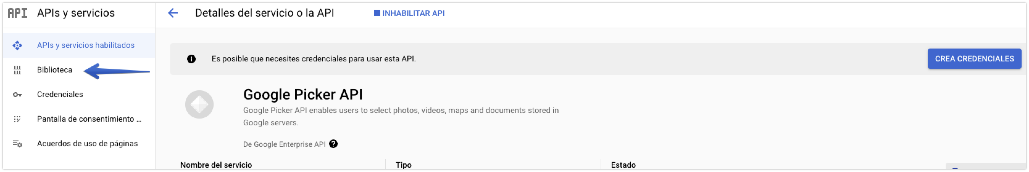 Pestaña Biblioteca de la API de Google Picker