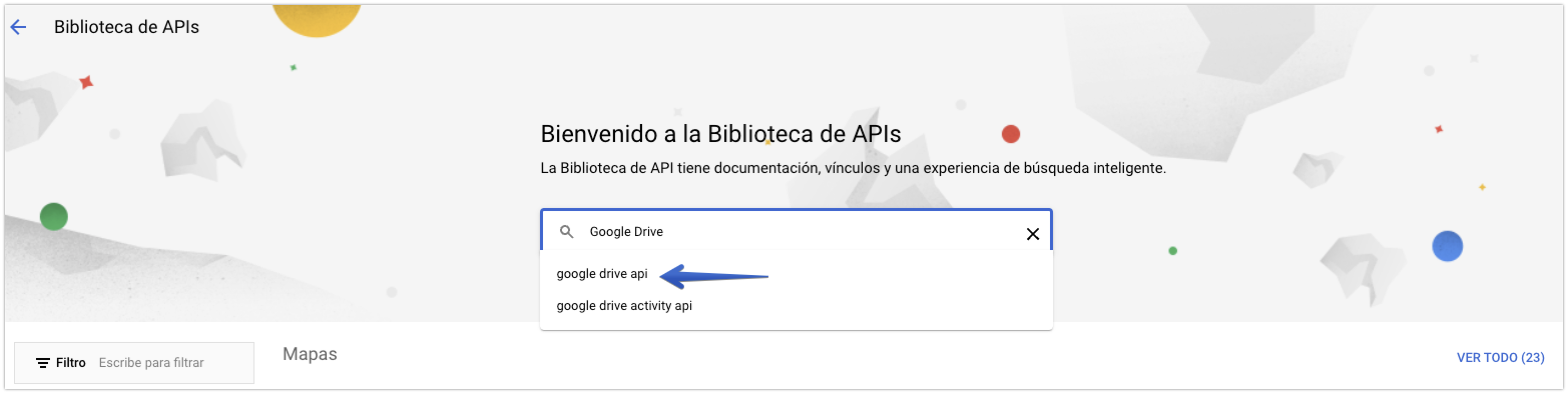 Búsqueda de la API de Google Drive en la biblioteca de APIs