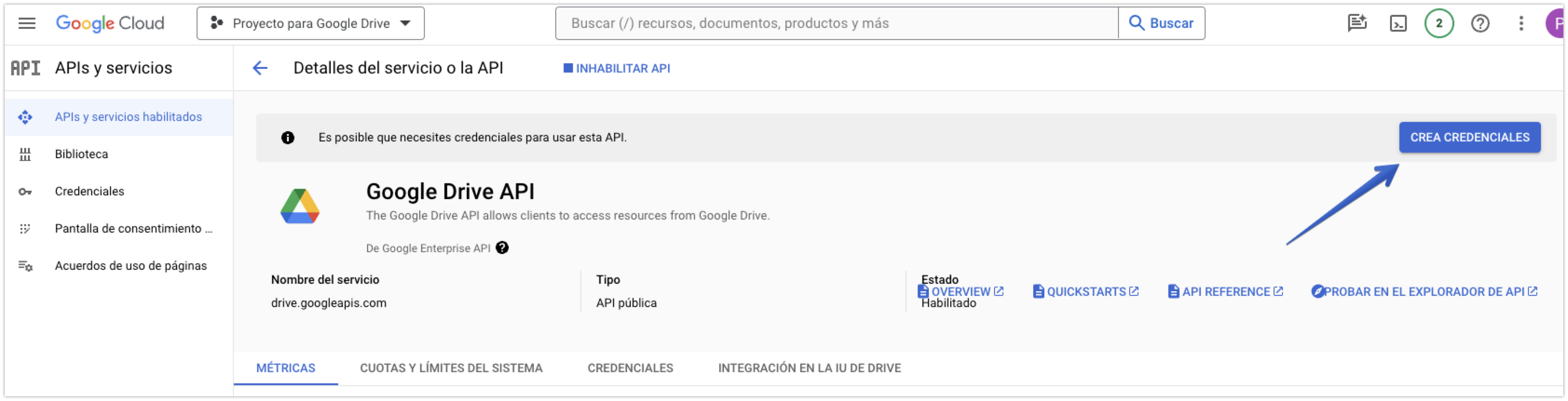 Botón Crea credenciales en la Google Drive API