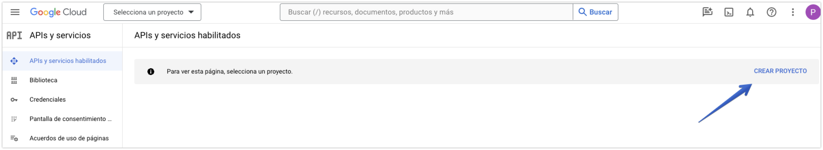 Acceso a la consola de desarrolladores, área APIs y servicios habilitados