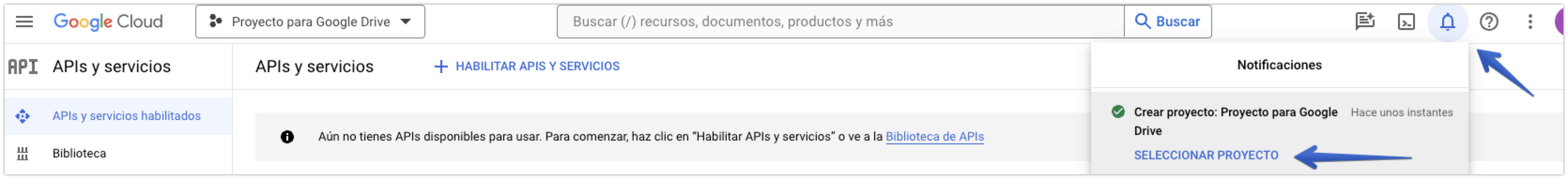 Selección del proyecto en las notificaciones