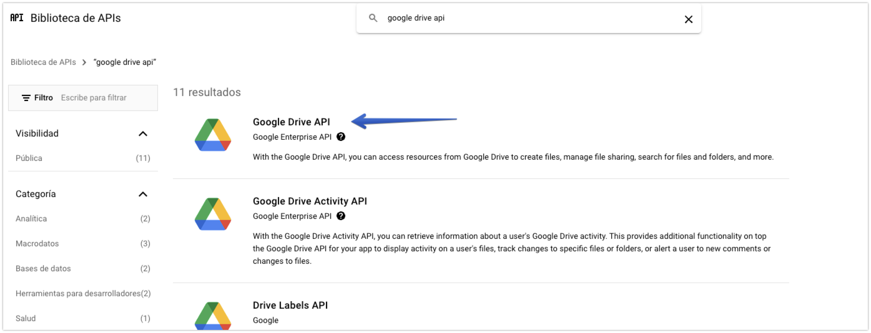 Selección de la Google Drive API