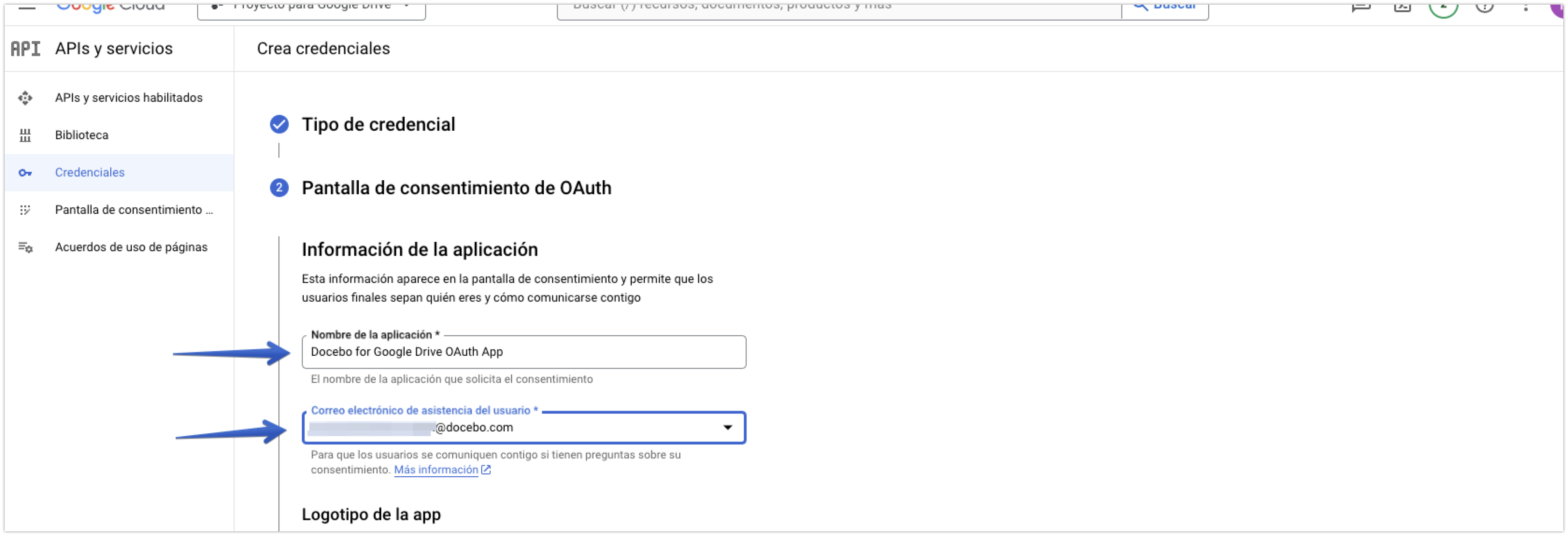 Información de la app en la pantalla de consentimiento de OAuth