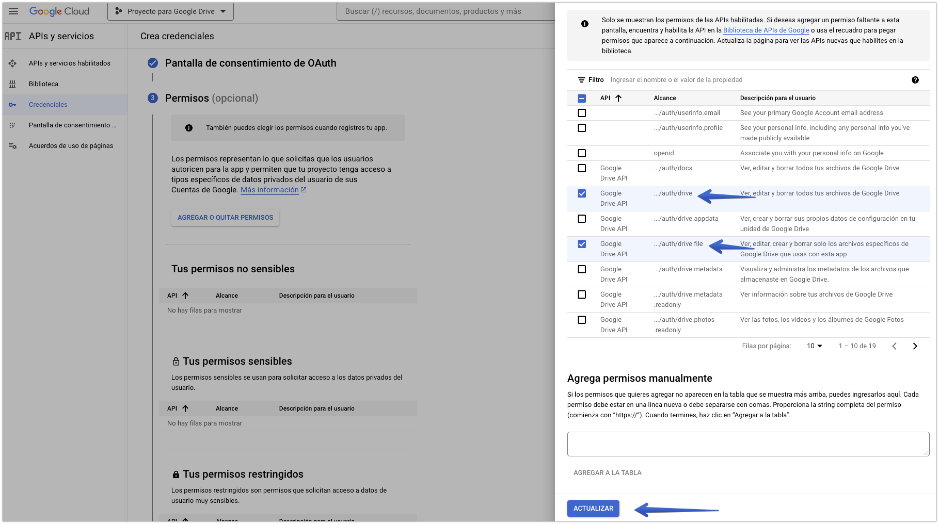 Adición de permisos y actualización en el menú deslizante