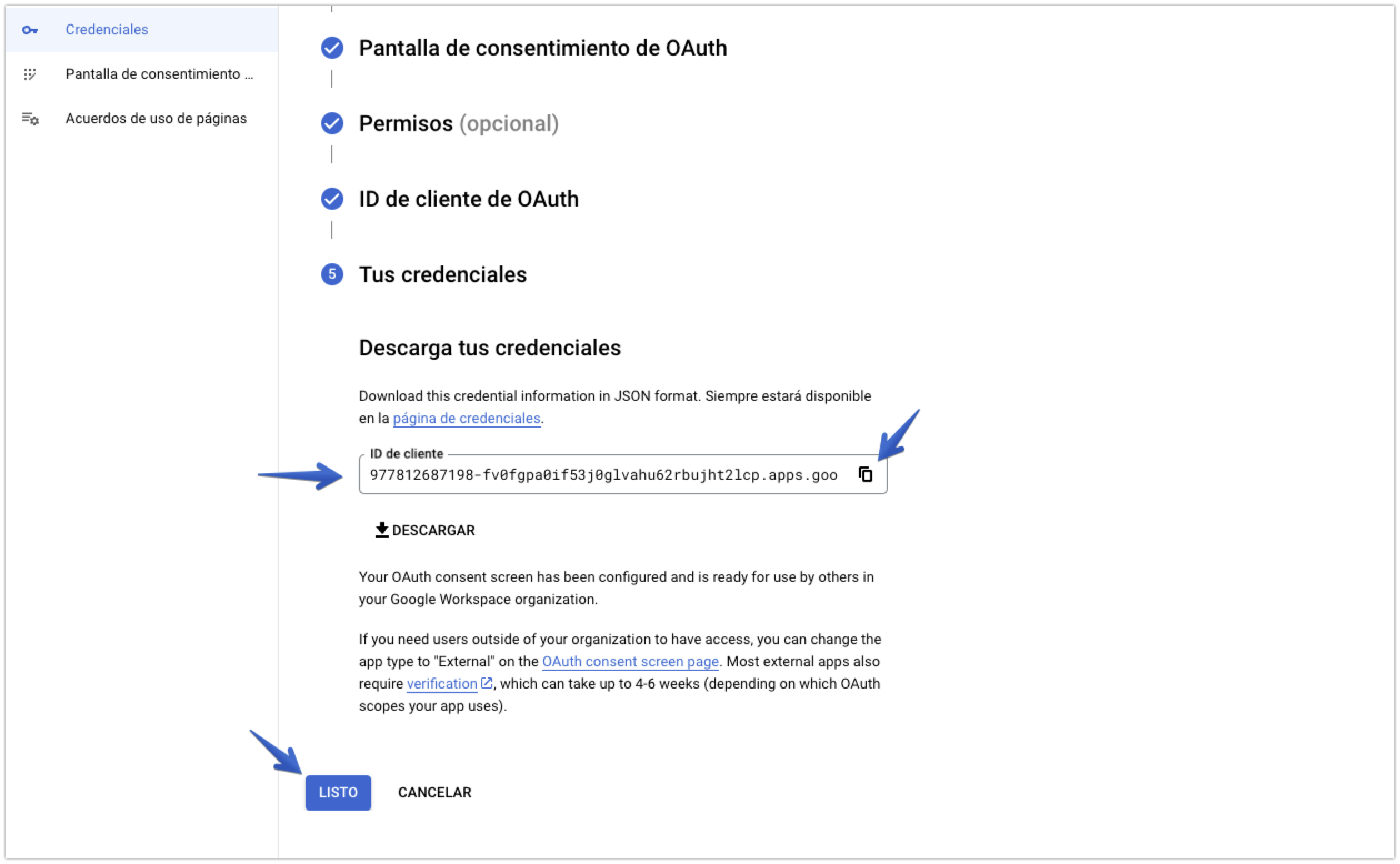 Opción de descarga de las credenciales