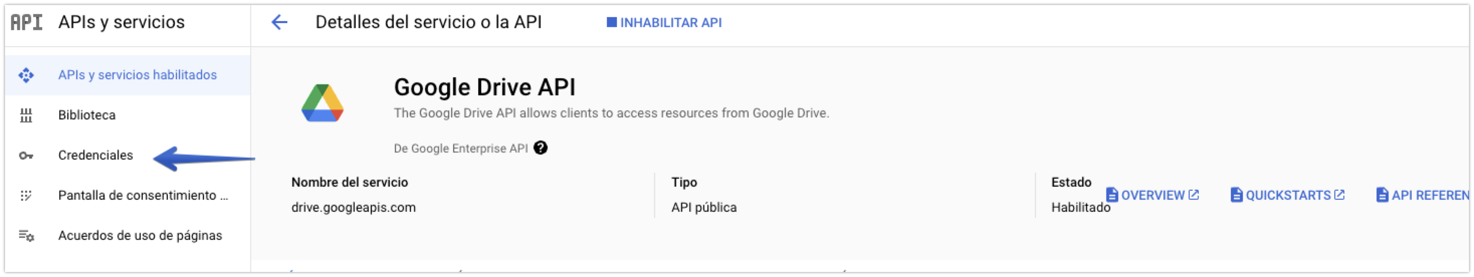 Pestaña Credenciales en la Google Drive API