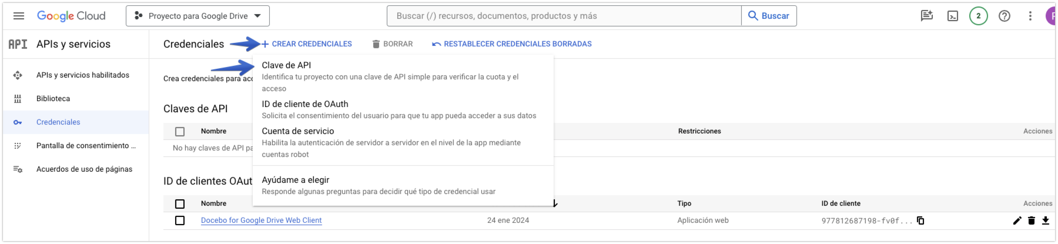 Selección de credenciales para crear