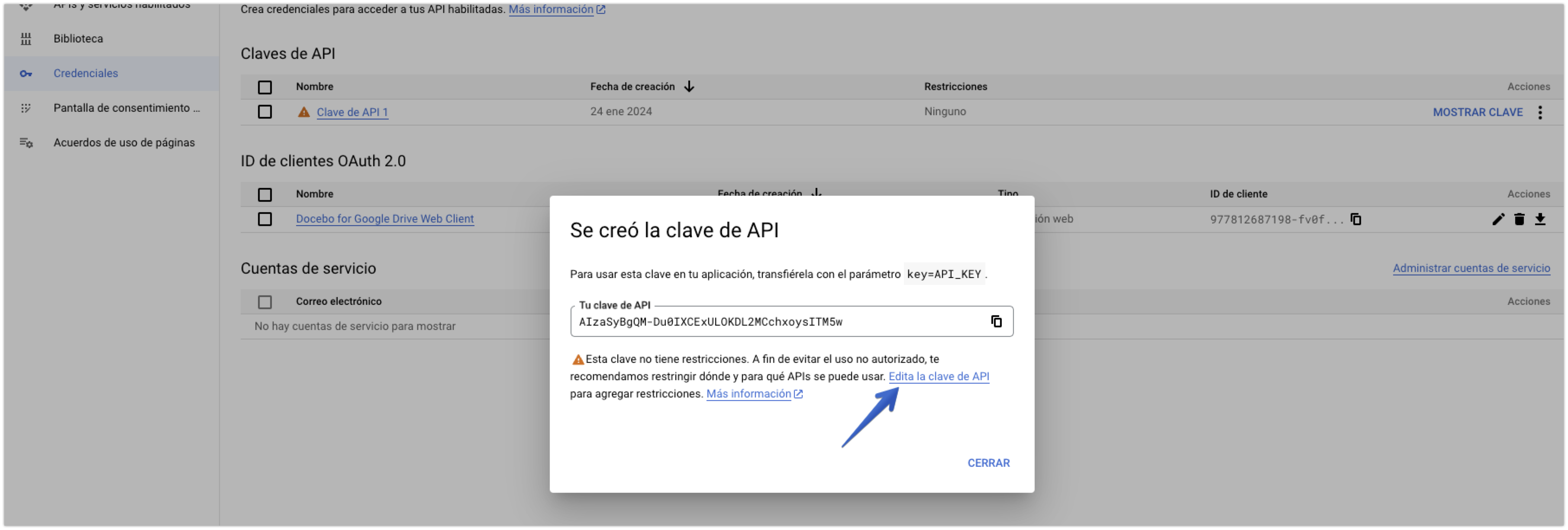 Ventana emergente de creación de la clave de API