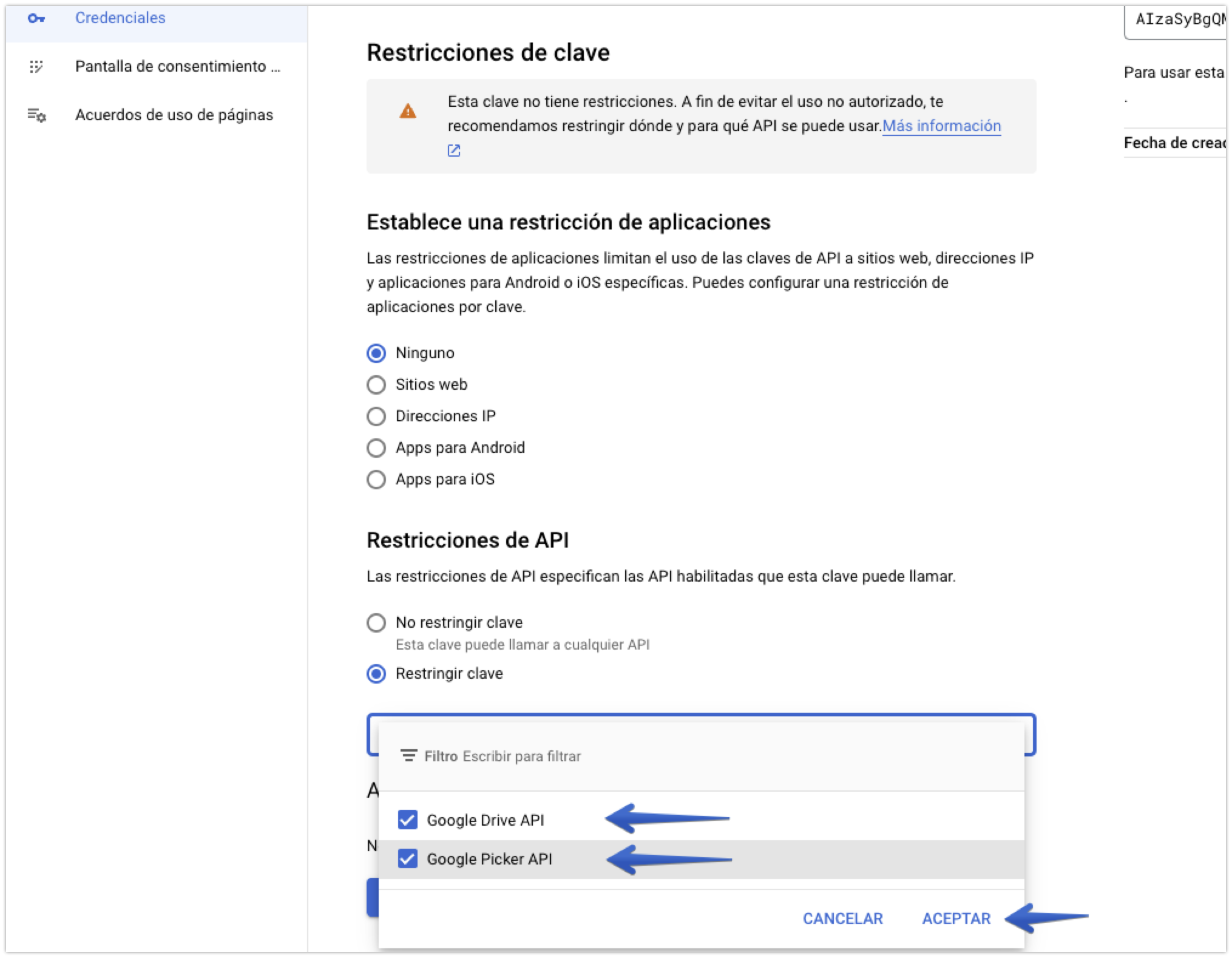 Selección de API en la ventana modal emergente