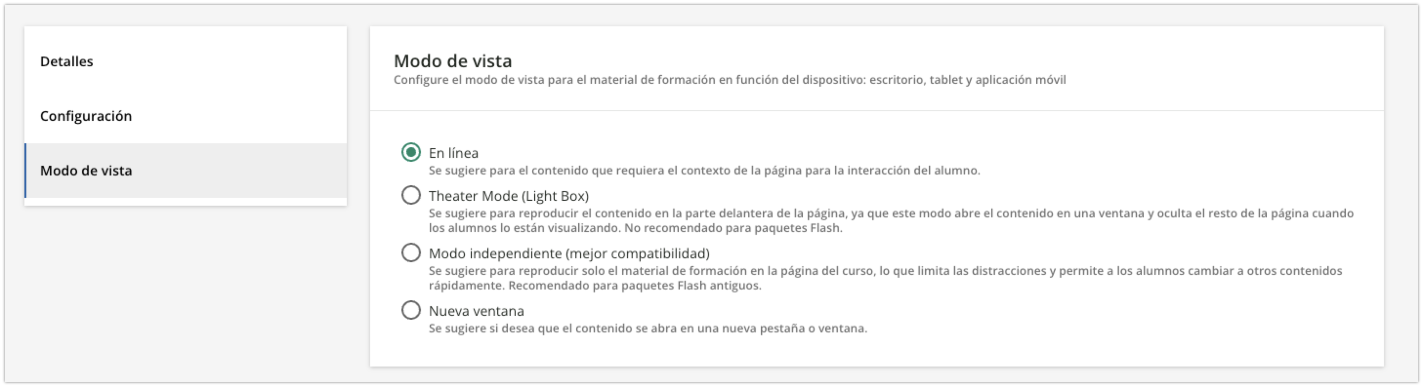 Pestaña Modo de vista del material de formación